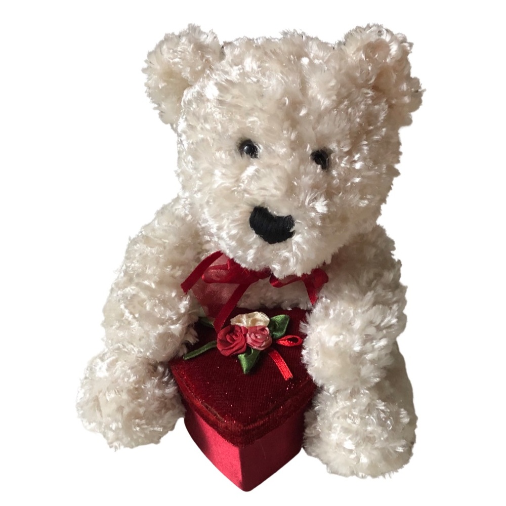 Cute White Teddy Bear Holding a Pink Heart Box